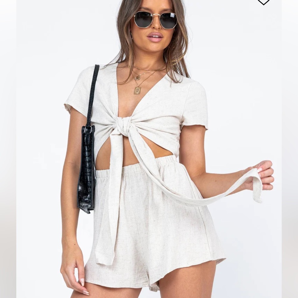 Princess Polly Ragnar Tie Front Romper Beige